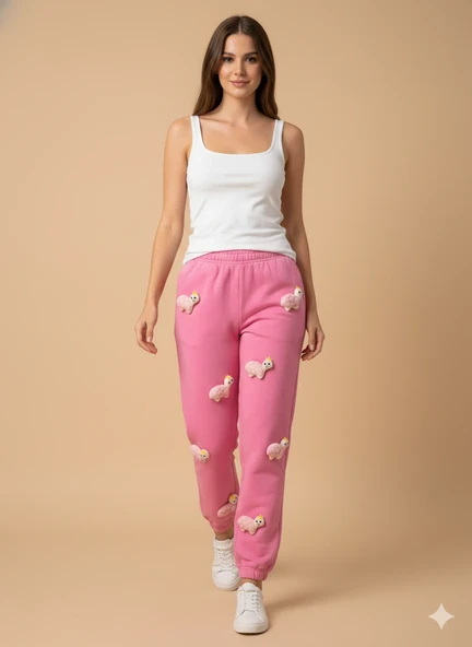 Kadın Canlı Pembe Karakterli 3D Peluş Tosbağa Detaylı Bol Kesim Eşofman Altı ürün görseli 1