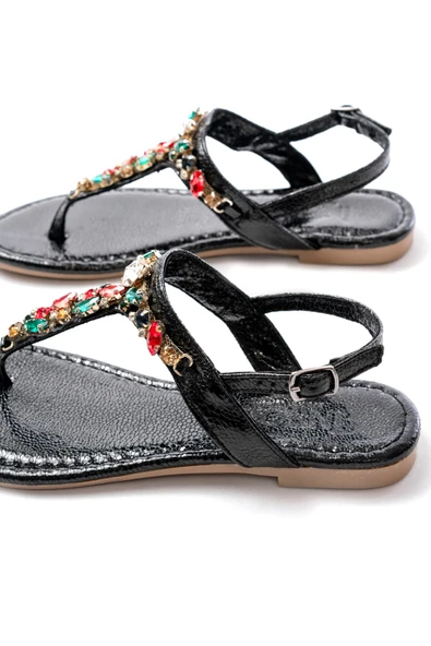 152-1110 Siyah Multi Cam Kırığı Taşlı Parmak Arası Kadın Sandalet - Resim 5
