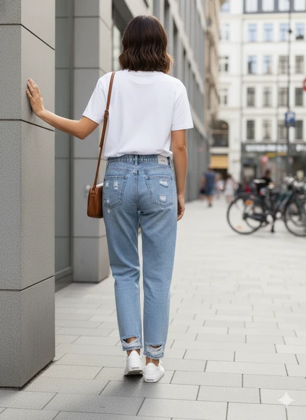 Kadın Yırtık Kot Pantolon Payetli Figür Detaylı Yüksek Bel Bol Kesim Mickey Mouse Desenli Jean - Resim 8