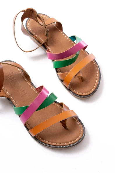 205-209 Turuncu Multi  Hakiki Deri Tokalı Parmak Arası Kadın Sandalet - Resim 5