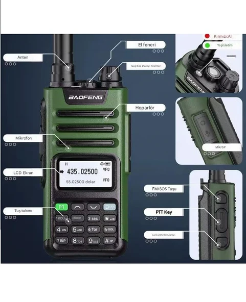 UV-13 Pro Yeşil Su Geçirmez Uzun Mesafe 10W Çift Bantlı Type-C Şarj Telsiz Kulaklık Hediyeli - Resim 6