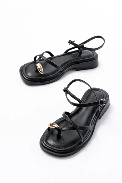 S-101 Siyah Parmak Arası Taş Detaylı Günlük Kadın Sandalet - Resim 3