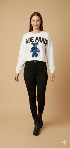 Kadın Ayı Figürlü Crop Sweat Payetli Teddy Bear İpli Detaylı Yazılı Yuvarlak Yaka Kısa Swat - Resim 2