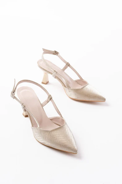 725 Gold Pul Desenli Sivri Burunlu  Topuklu Kadın Ayakkabı - Resim 3