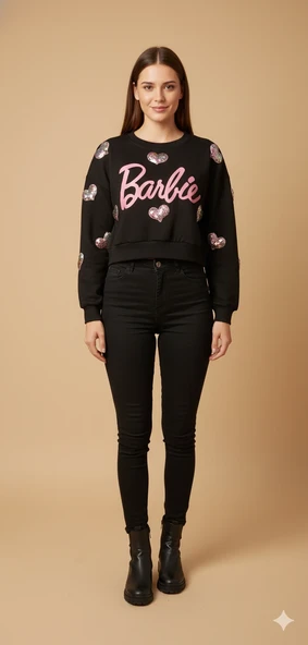 Kadın Barbie Yazılı Crop Sweat Payetli Kalp Detaylı Yuvarlak Yaka Basic Kısa Sweat ürün görseli