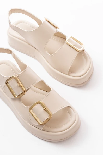 1187 Bej Dolgu Topuk Lastik Baretli  Kadın Sandalet - Resim 4