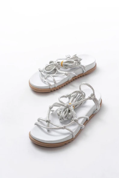 1001-1001 Beyaz Gümüş  Bilekten Bağcıklı Kadın Sandalet - Resim 5
