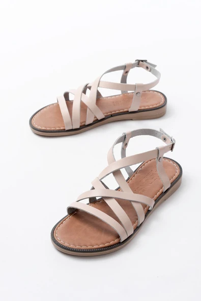 205-017 Bej Ortopedik Hakiki Deri Kadın Sandalet - Resim 3