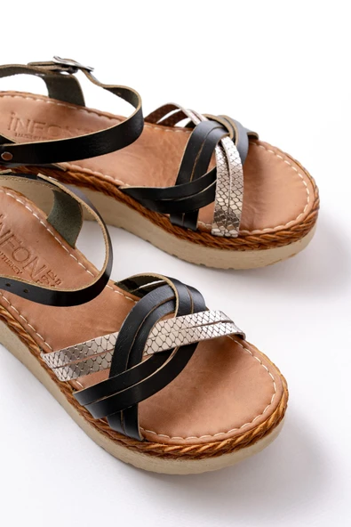 730-037 Siyah Ayna Hakiki Deri Ortopedik Taban Kadın Sandalet - Resim 4