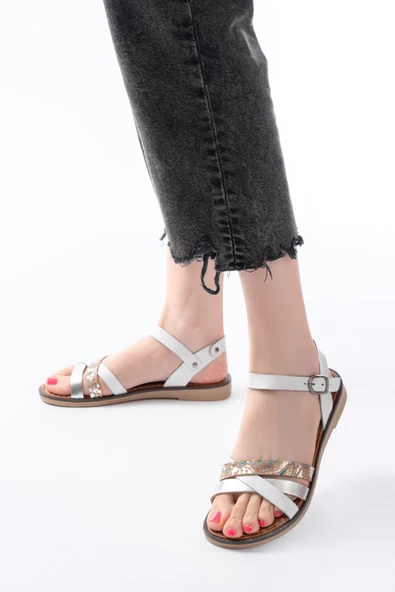 205-015 Beyaz Garni Ortopedik Hakiki Deri Dolgu Kadın Sandalet - Resim 2