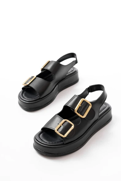 1187 Siyah Dolgu Topuk Lastik Baretli  Kadın Sandalet - Resim 3