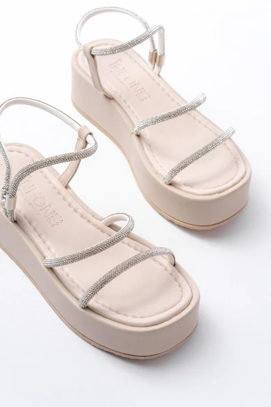 861-1008 Bej Gümüş Taşlı Dolgu Topuklu Kadın Sandalet - Resim 4