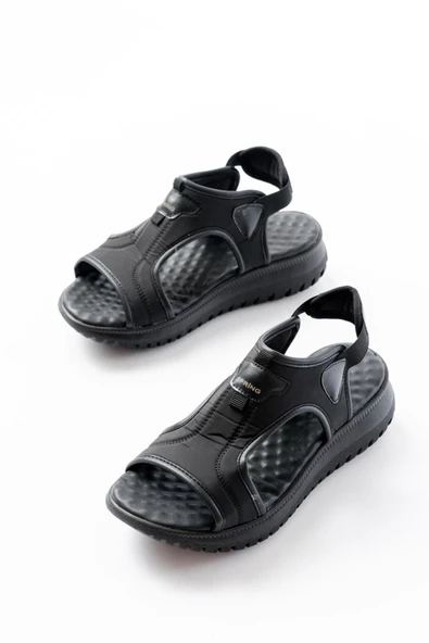 T-221 Siyah Spring Paraşüt Kumaş Lastikli Ortopedik Kadın Sandalet - Resim 4