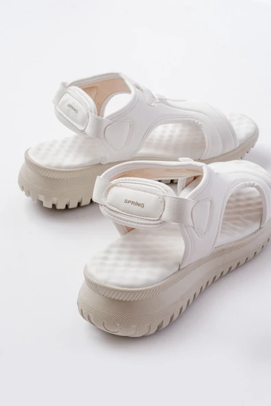T-221 Beyaz  Spring Paraşüt Kumaş Lastikli Ortopedik Kadın Sandalet - Resim 3