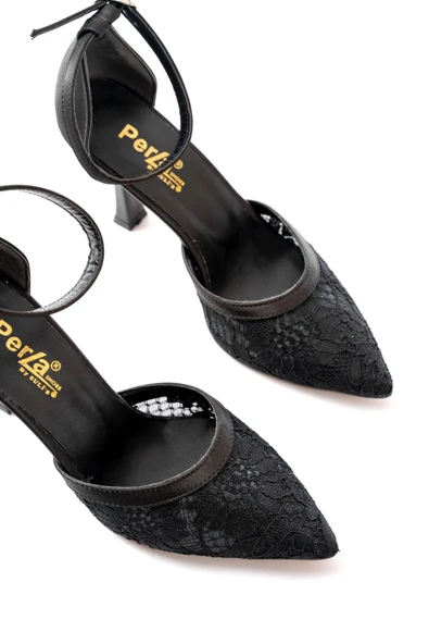 K-404 Siyah Fileli Çiçek Detaylı  Kadın Topuklu Ayakkabı - Resim 4