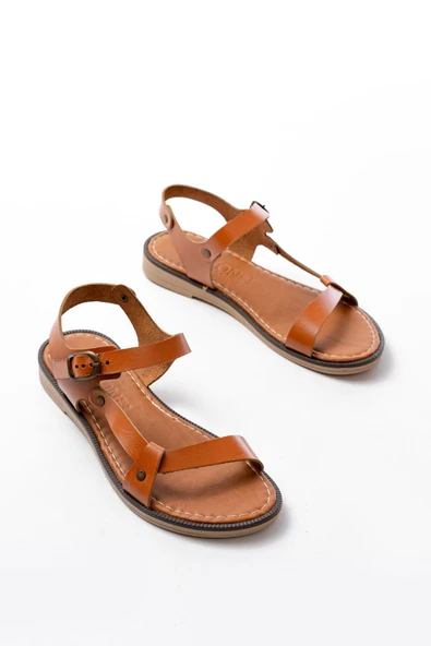 205-090 Taba  Hakiki Deri Tokalı Kadın Sandalet - Resim 5