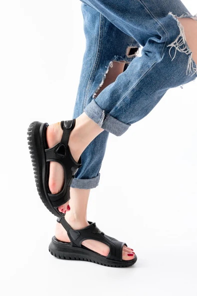 T-221 Siyah Spring Paraşüt Kumaş Lastikli Ortopedik Kadın Sandalet ürün görseli