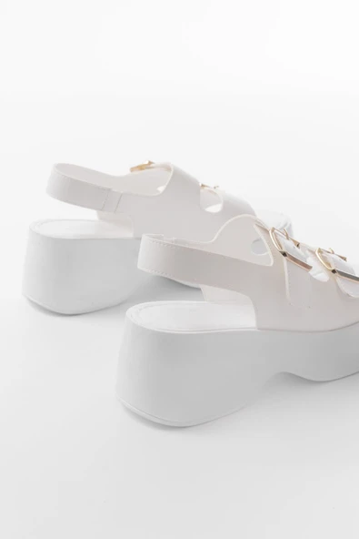 24414-572 Beyaz Tokalı  Günlük Dolgu Topuk Kadın Sandalet - Resim 5