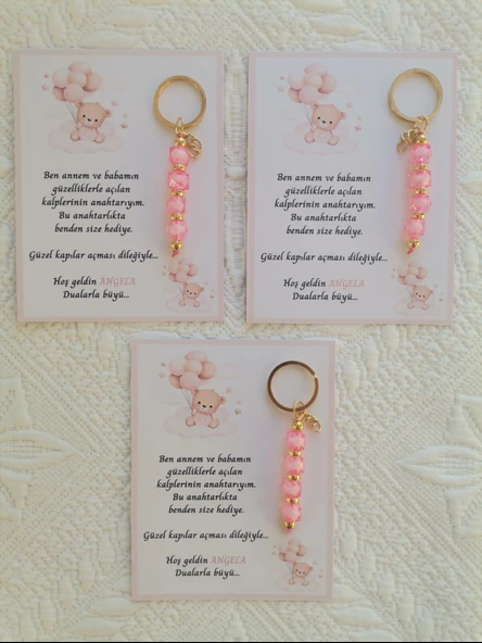 48 Adet İsme Özel Tasarım Pembe Anahtarlık Hastane Yeni Doğan 40 Mevlidi Dağıtmalık Hediyelik - Resim 3