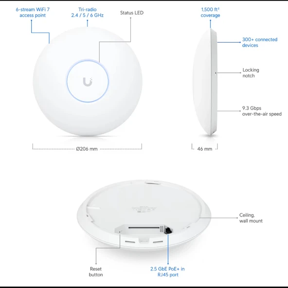 UbıQuıtı Uap-u7-pro, Unifi, Triple Band, 5765mbps, Wifi6, Tavan Tipi, Access Point (poe Adaptör Çıkmaz) - Resim 5