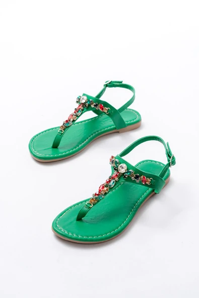 152-1110 Çimen Yeşili Multi Taşlı Parmak Arası Kadın Sandalet - Resim 5