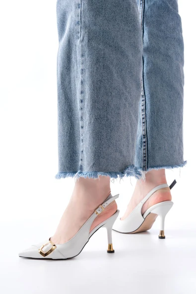 İNF-1151 Beyaz Günlük Arkası Açık Topuklu Bayan Ayakkabı - Resim 2