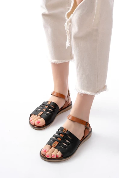 205-029 Siyah Ortopedik Hakiki Deri Kadın Sandalet - Resim 4