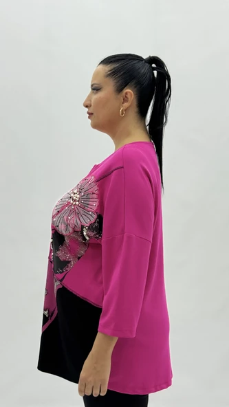 Büyük Beden Viskon Taşlı İnci Detaylı Kapri Kol Oversize Kadın Bluz - Resim 3