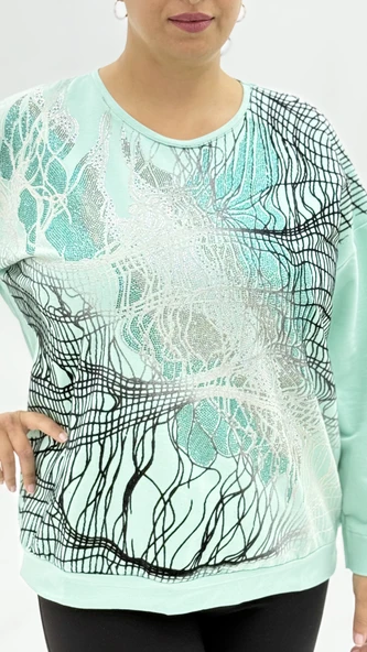 Büyük Beden Viskon Taşlı Uzun Kol Oversize Kadın Bluz - Resim 5