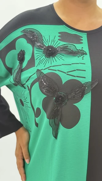 Büyük Beden Taşlı Çiçek Detaylı Uzun Kol Oversize Kadın Bluz - Resim 10