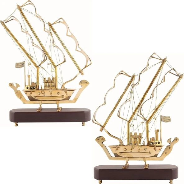 Pirinç Yelkenli Gemi Ahşap Kaideli Ev Ofis Dekorasyon 33cm - Resim 6