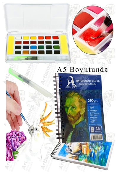 24 Renk Tablet Sulu Boya ve A5 Telli Suluboya Bloğu Kağıdı A5 210gr 20 Yaprak İnce Dokulu Taş Suluboya Plastik Kutulu ürün görseli