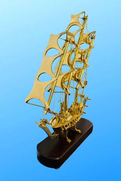 Pirinç Yelkenli Gemi Ahşap Kaideli Ev Ofis Dekorasyon 33cm - Resim 9