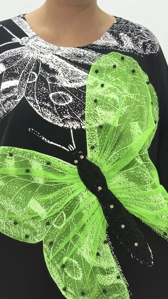 Büyük Beden Viskon Taşlı Boncuk Detaylı Kapri Kol Oversize Kadın Bluz - Resim 5