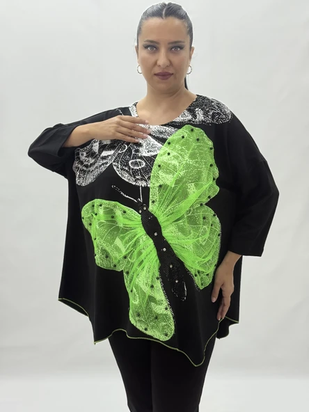 Büyük Beden Viskon Taşlı Boncuk Detaylı Kapri Kol Oversize Kadın Bluz - Resim 2