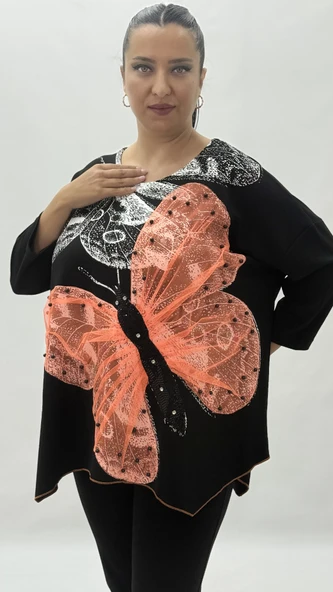 Büyük Beden Viskon Taşlı Boncuk Detaylı Kapri Kol Oversize Kadın Bluz - Resim 7