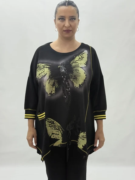 Büyük Beden Viskon Taşlı Cepli Kapri Kol Oversize Kadın Bluz - Resim 6