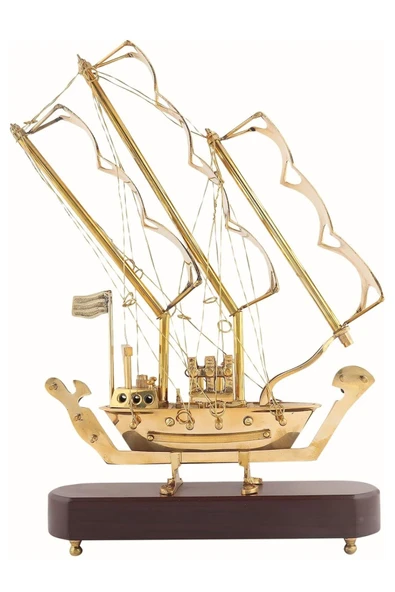 Pirinç Yelkenli Gemi Ahşap Kaideli Ev Ofis Dekorasyon 33cm - Resim 12