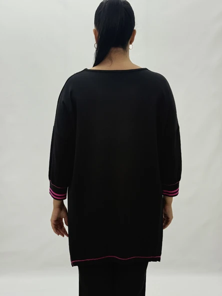 Büyük Beden Viskon Taşlı Cepli Kapri Kol Oversize Kadın Bluz - Resim 4