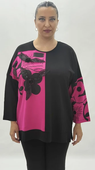 Büyük Beden Taşlı Çiçek Detaylı Uzun Kol Oversize Kadın Bluz ürün görseli