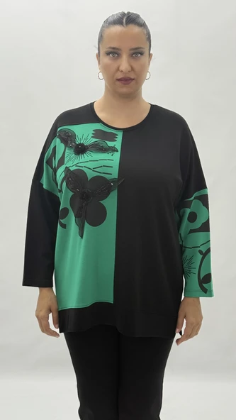 Büyük Beden Taşlı Çiçek Detaylı Uzun Kol Oversize Kadın Bluz - Resim 6