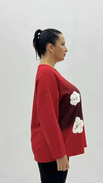 Büyük Beden Viskon Taşlı İnci Detaylı Uzun Kol Oversize Kadın Bluz - Resim 5