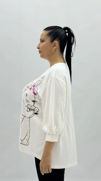 Büyük Beden Viskon Taşlı İnci Detaylı Kapri Kol Oversize Kadın Bluz - Resim 3