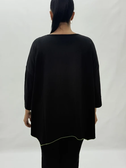 Büyük Beden Viskon Taşlı Boncuk Detaylı Kapri Kol Oversize Kadın Bluz - Resim 4