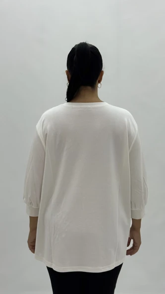 Büyük Beden Viskon Taşlı İnci Detaylı Kapri Kol Oversize Kadın Bluz - Resim 4