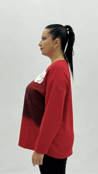 Büyük Beden Viskon Taşlı İnci Detaylı Uzun Kol Oversize Kadın Bluz - Resim 3