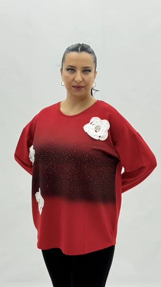 Büyük Beden Viskon Taşlı İnci Detaylı Uzun Kol Oversize Kadın Bluz - Resim 2