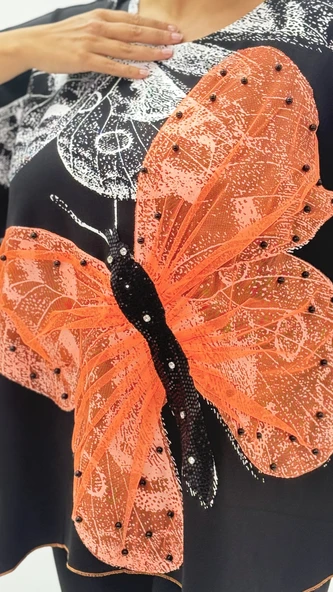 Büyük Beden Viskon Taşlı Boncuk Detaylı Kapri Kol Oversize Kadın Bluz - Resim 10