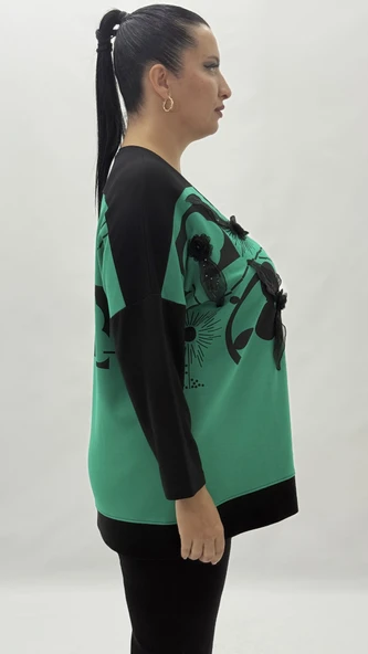 Büyük Beden Taşlı Çiçek Detaylı Uzun Kol Oversize Kadın Bluz - Resim 8