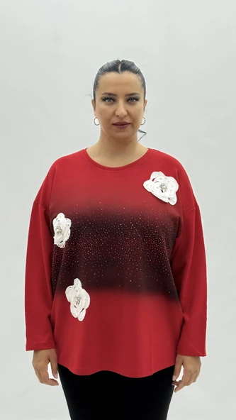 Büyük Beden Viskon Taşlı İnci Detaylı Uzun Kol Oversize Kadın Bluz ürün görseli